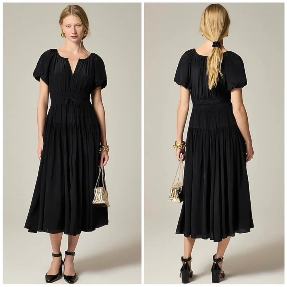 J Crew Elena Puff-Sleeve Tiered Maxi Midi Dress Black Crepe de Chine Size S NWT